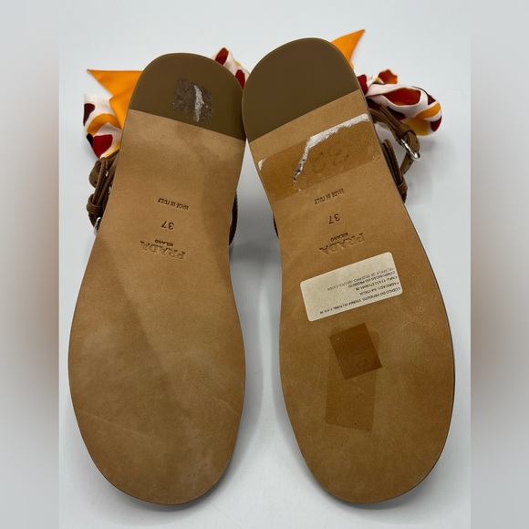 NIB Prada Women's Brown Leather Gladiator Sandals 1X096M With Silk Scarf Size 37 - Picture 11 of 16